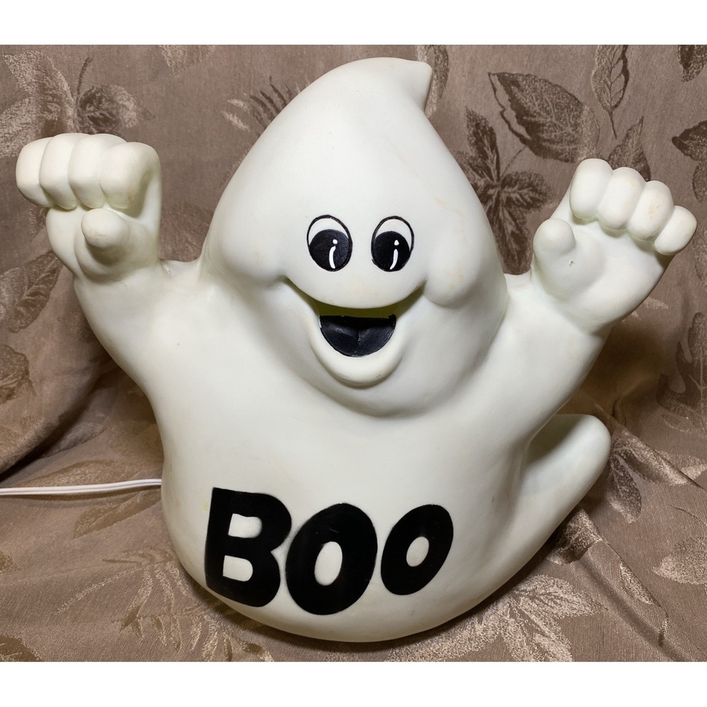Blow Mold BOO Ghost Vintage Plastic Light Up Indoor Halloween Decor 12"